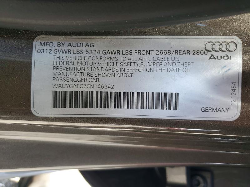 2012 Audi A7 მანქანა იყიდება აუქციონზე, vin: WAUYGAFC7CN146342, აუქციონის ნომერი: 54726976