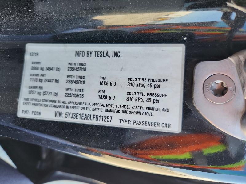 2020 Tesla Model 3 მანქანა იყიდება აუქციონზე, vin: 5YJ3E1EA6LF611257, აუქციონის ნომერი: 53217096