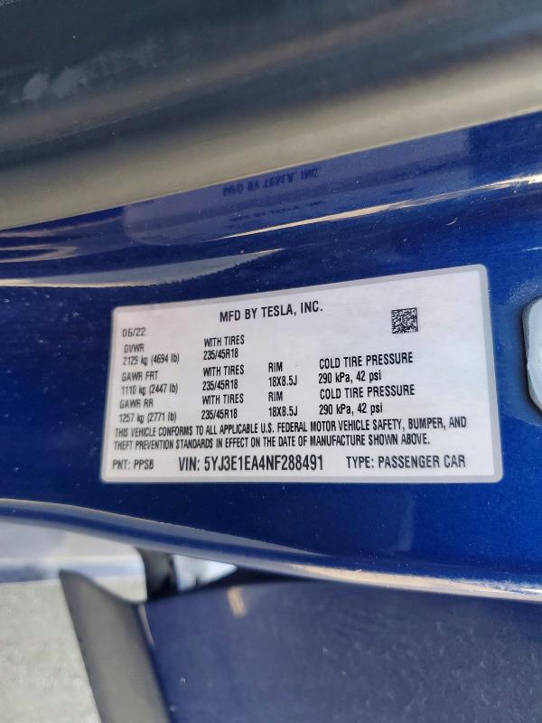 Aukcja sprzedaży 2022 Tesla Model 3, vin: 5YJ3E1EA4NF288491, numer aukcji: 53468376