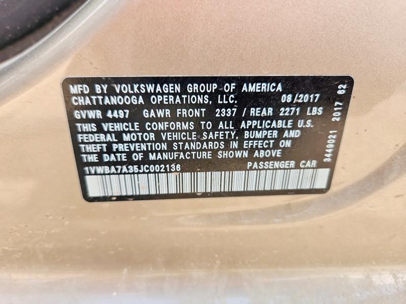 2018 Volkswagen Passat მანქანა იყიდება აუქციონზე, vin: 1VWBA7A35JC002136, აუქციონის ნომერი: 53922836