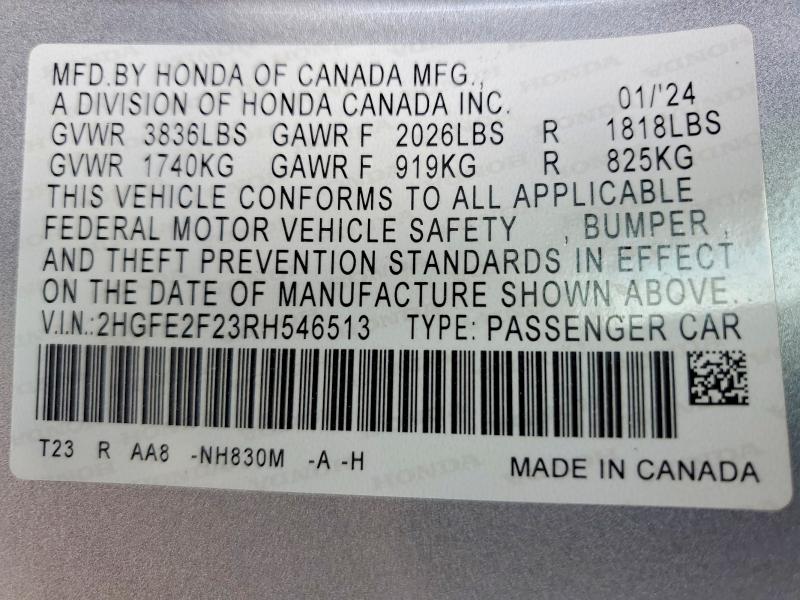 55060836 :رقم المزاد ، 2HGFE2F23RH546513 vin ، 2024 Honda Civic مزاد بيع