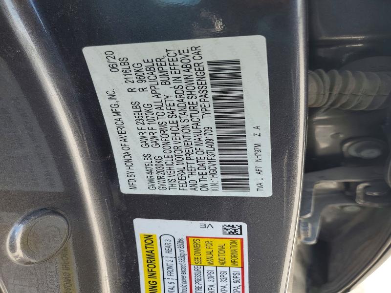 54434056 :رقم المزاد ، 1HGCV1F37LA091709 vin ، 2020 Honda Accord مزاد بيع