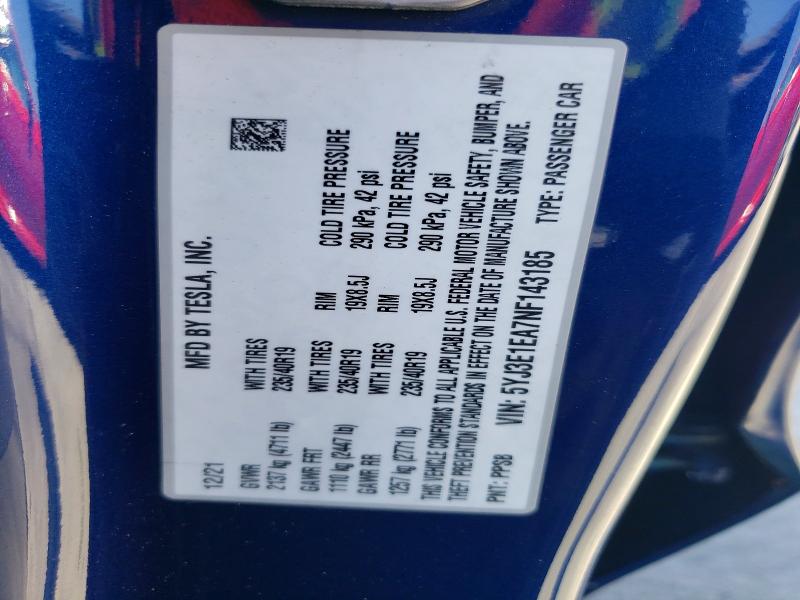 54010956 :رقم المزاد ، 5YJ3E1EA7NF143185 vin ، 2022 Tesla Model 3 مزاد بيع