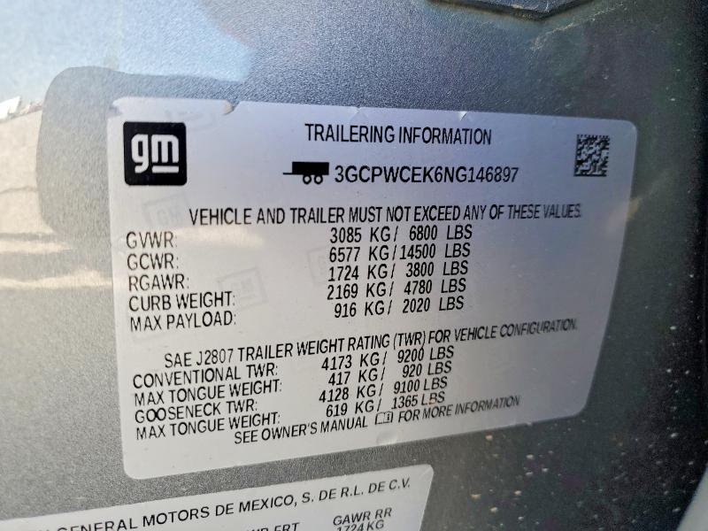 Aukcja sprzedaży 2022 Chevrolet Silverado Ltd, vin: 3GCPWCEK6NG146897, numer aukcji: 53934306