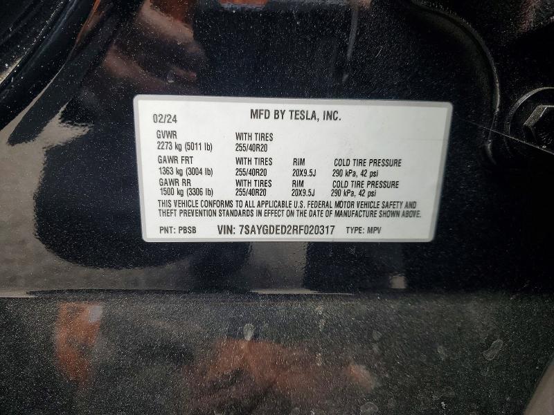 53458306 :رقم المزاد ، 7SAYGDED2RF020317 vin ، 2024 Tesla Model Y مزاد بيع