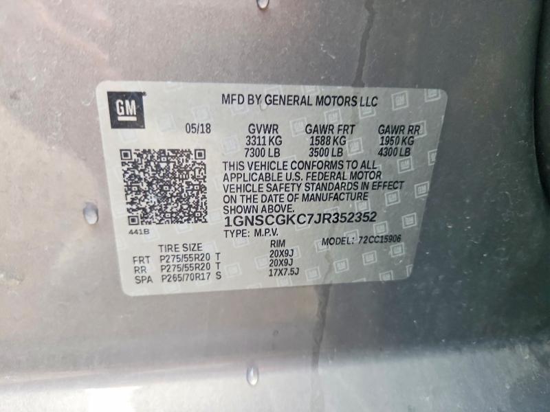 Продаж на аукціоні авто 2018 Chevrolet Suburban, vin: 1GNSCGKC7JR352352, номер лоту: 52519846