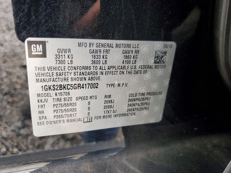 54217116 :رقم المزاد ، 1GKS2BKC5GR417002 vin ، 2016 Gmc Yukon مزاد بيع