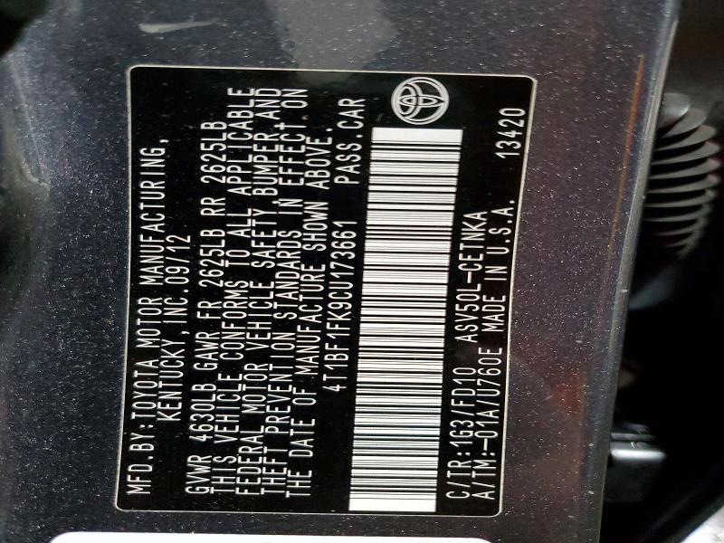 52817536 :رقم المزاد ، 4T1BF1FK9CU173661 vin ، 2012 Toyota Camry مزاد بيع