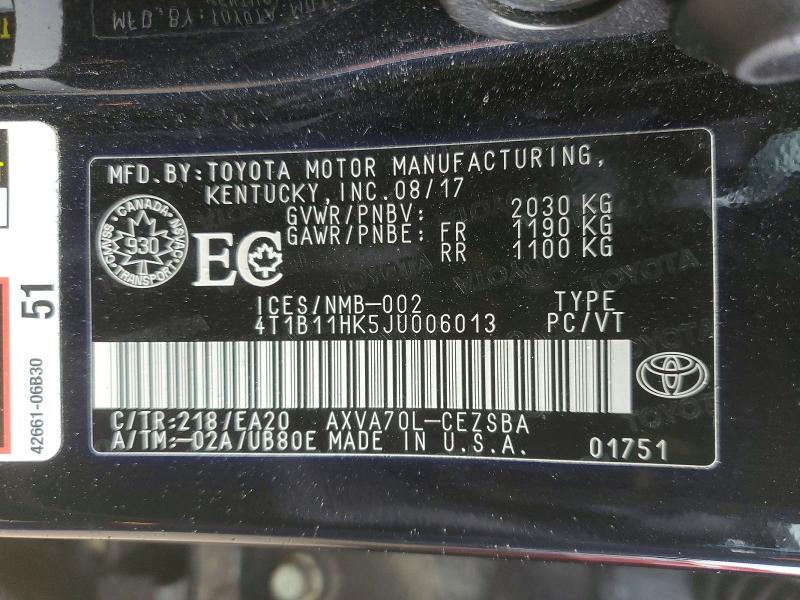 Продаж на аукціоні авто 2018 Toyota Camry, vin: 4T1B11HK5JU006013, номер лоту: 53300466