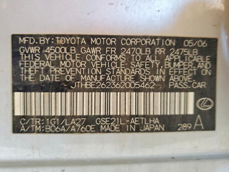 54727926 :رقم المزاد ، JTHBE262362005462 vin ، 2006 Lexus Is مزاد بيع