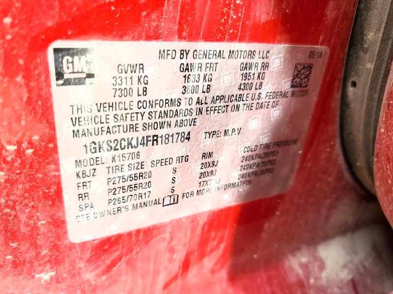 52491796 :رقم المزاد ، 1GKS2CKJ4FR181784 vin ، 2015 Gmc Yukon مزاد بيع