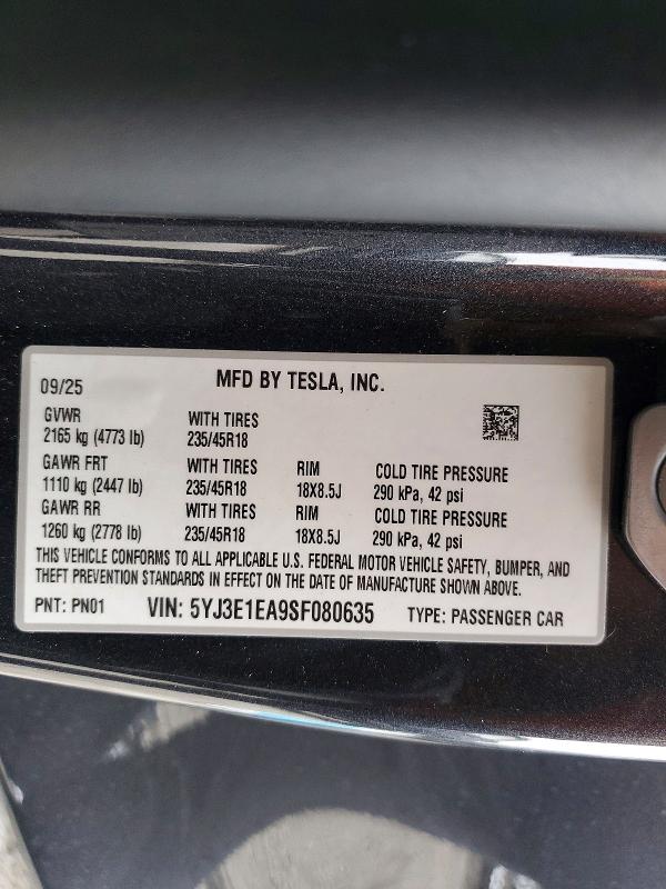 Aukcja sprzedaży 2025 Tesla Model 3, vin: 5YJ3E1EA9SF080635, numer aukcji: 52891906