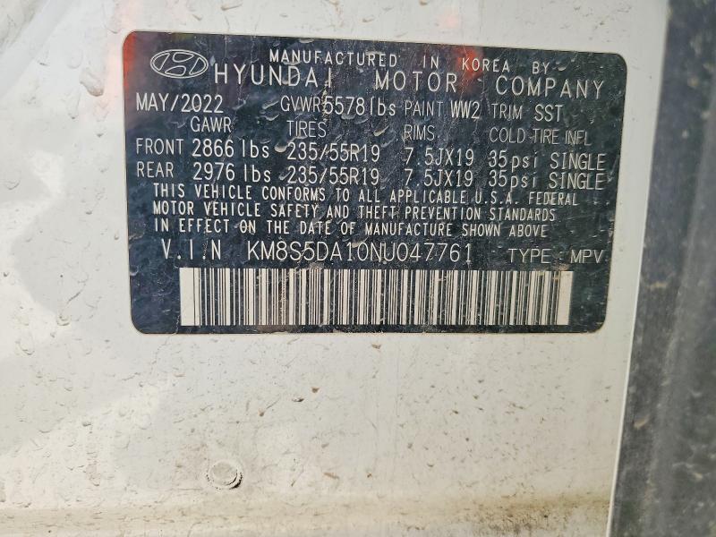 2022 Hyundai Santa Fe მანქანა იყიდება აუქციონზე, vin: KM8S5DA10NU047761, აუქციონის ნომერი: 53704216