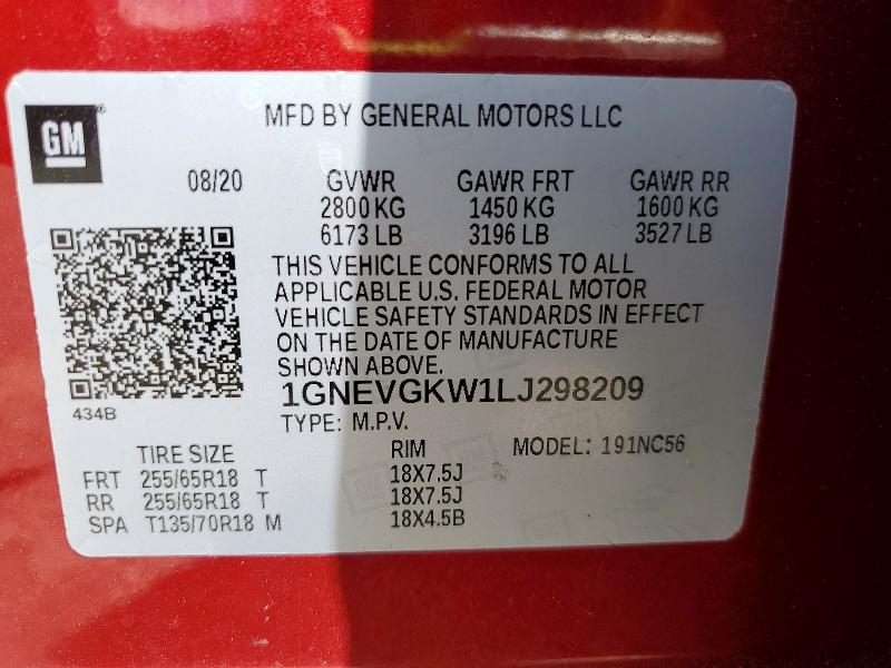 52369896 :رقم المزاد ، 1GNEVGKW1LJ298209 vin ، 2020 Chevrolet Traverse مزاد بيع