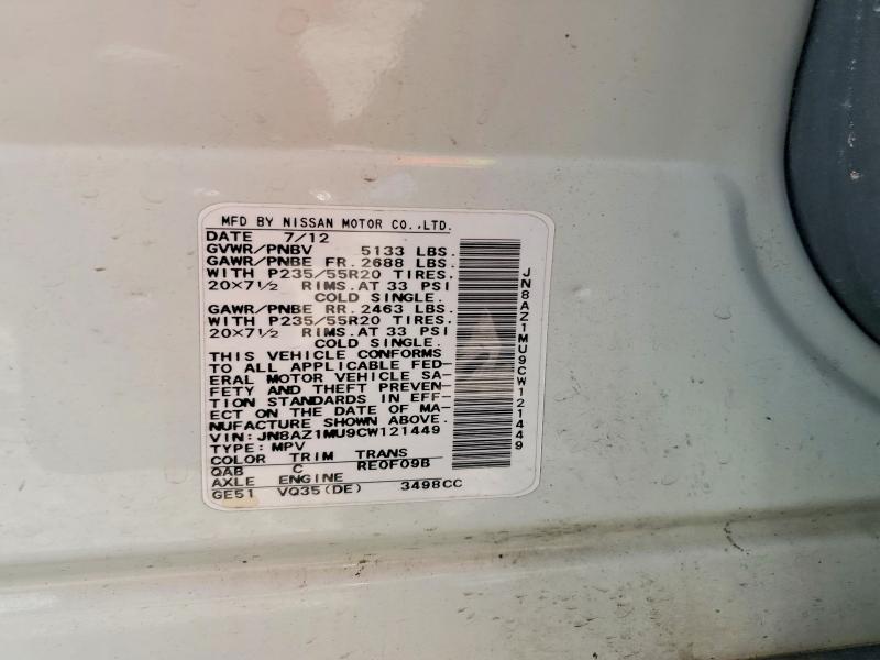 2012 Nissan Murano მანქანა იყიდება აუქციონზე, vin: JN8AZ1MU9CW121449, აუქციონის ნომერი: 55438436