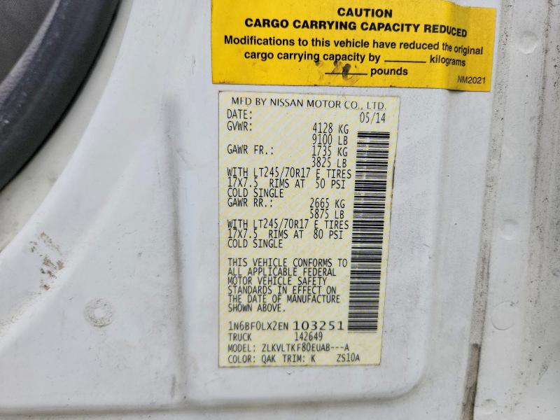 52071396 :رقم المزاد ، 1N6BF0LX2EN103251 vin ، 2014 Nissan Nv مزاد بيع