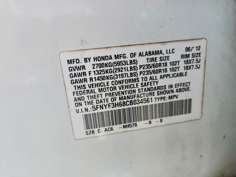 Aukcja sprzedaży 2012 Honda Pilot, vin: 5FNYF3H68CB034561, numer aukcji: 53612056