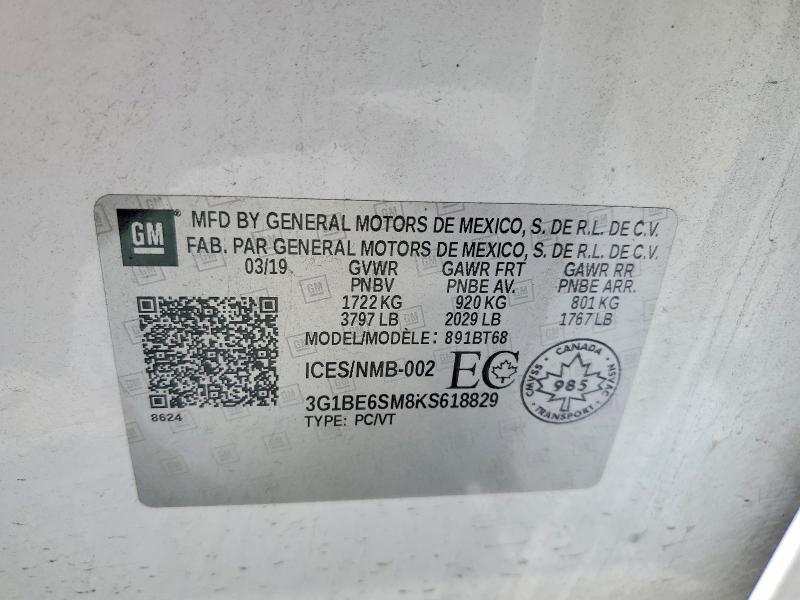 54123736 :رقم المزاد ، 3G1BE6SM8KS618829 vin ، 2019 Chevrolet Cruze مزاد بيع