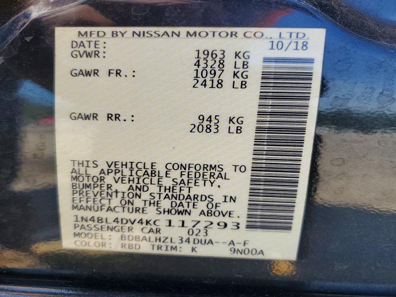 51401866 :رقم المزاد ، 1N4BL4DV4KC117293 vin ، 2019 Nissan Altima مزاد بيع