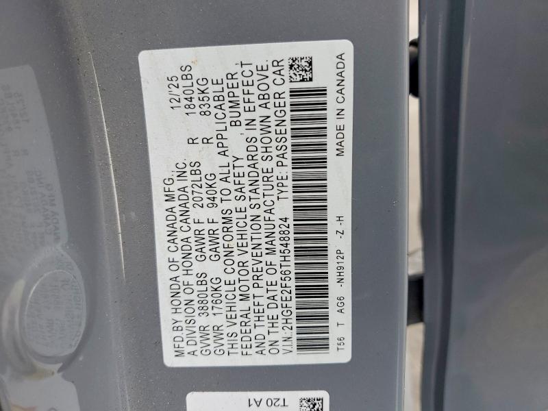 Продаж на аукціоні авто 2026 Honda Civic, vin: 2HGFE2F56TH548824, номер лоту: 53411386
