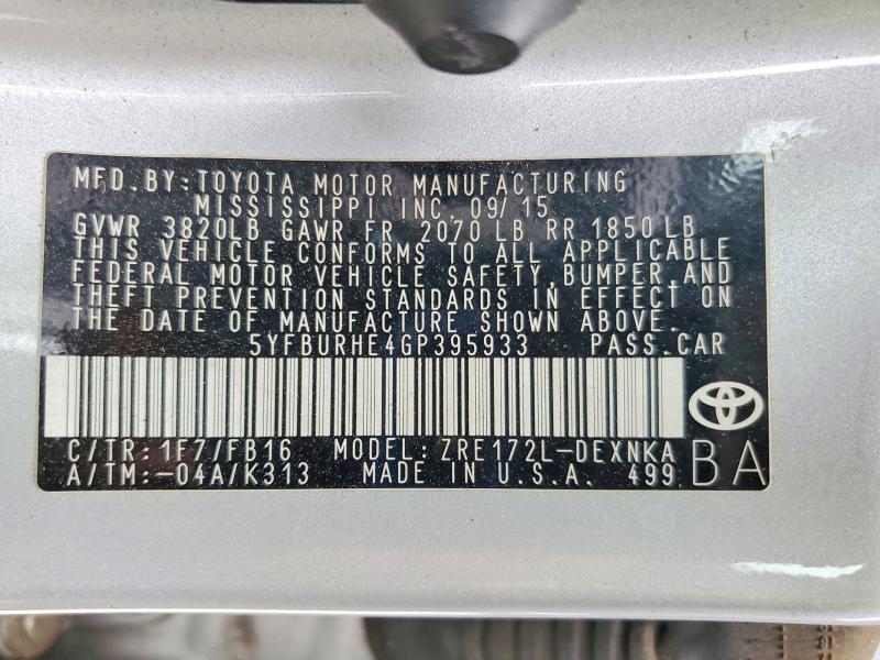Aukcja sprzedaży 2016 Toyota Corolla, vin: 5YFBURHE4GP395933, numer aukcji: 54875956