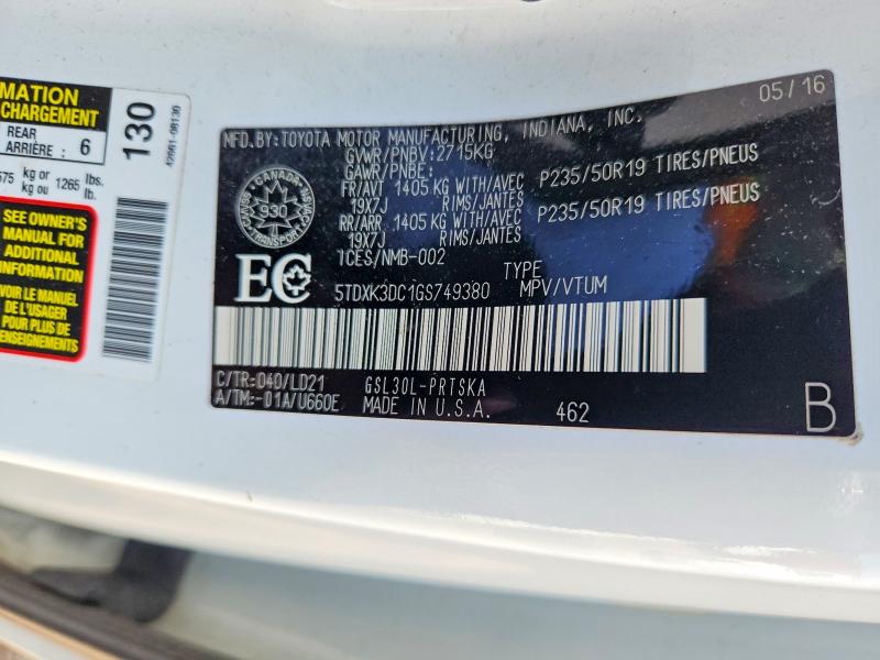 49602576 :رقم المزاد ، 5TDXK3DC1GS749380 vin ، 2016 Toyota Sienna مزاد بيع