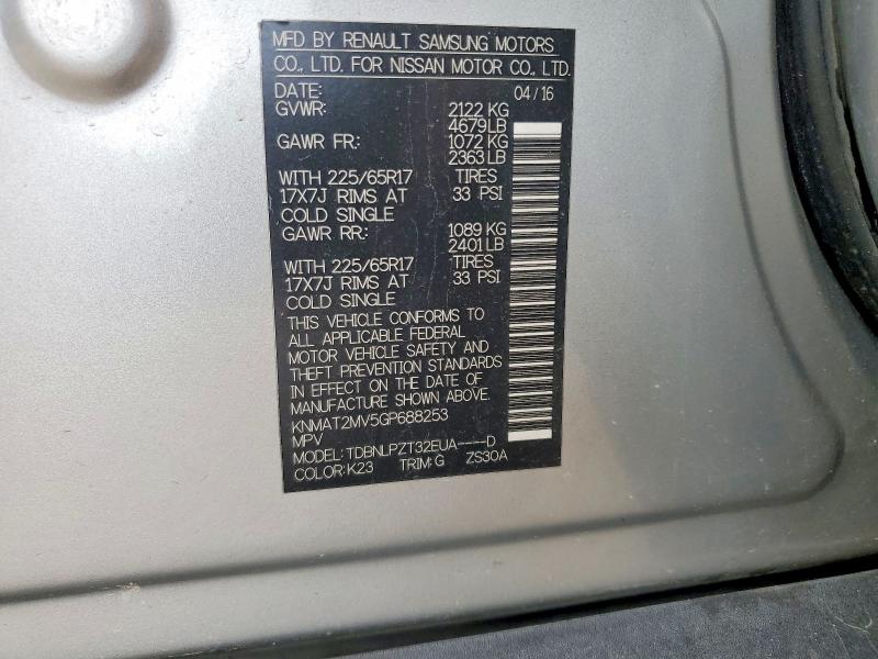 Aukcja sprzedaży 2016 Nissan Rogue, vin: KNMAT2MV5GP688253, numer aukcji: 54356116