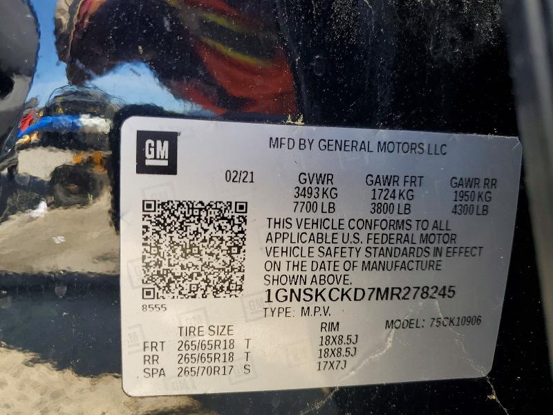 Продаж на аукціоні авто 2021 Chevrolet Suburban, vin: 1GNSKCKD7MR278245, номер лоту: 52287406