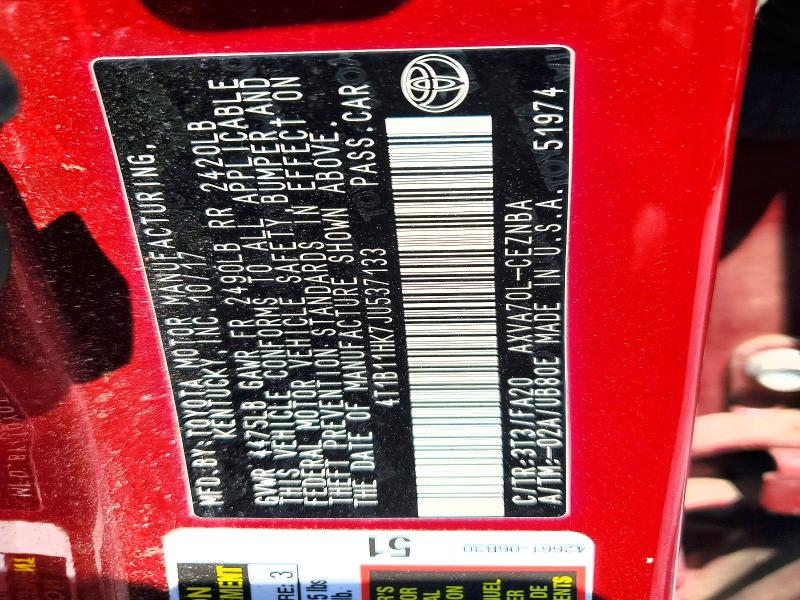 53514266 :رقم المزاد ، 4T1B11HK7JU537133 vin ، 2018 Toyota Camry مزاد بيع