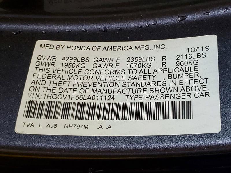 52422246 :رقم المزاد ، 1HGCV1F56LA011124 vin ، 2020 Honda Accord مزاد بيع