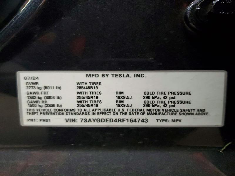 Aukcja sprzedaży 2024 Tesla Model Y, vin: 7SAYGDED4RF164743, numer aukcji: 51822876