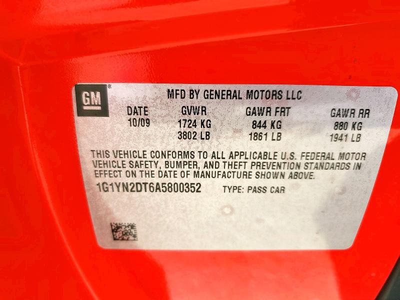 52218276 :رقم المزاد ، 1G1YN2DT6A5800352 vin ، 2010 Chevrolet Corvette مزاد بيع
