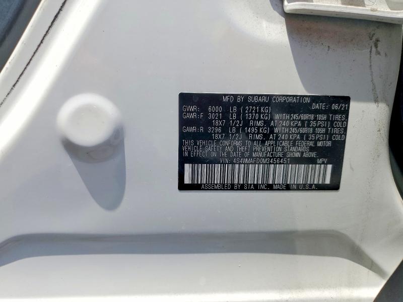 52859406 :رقم المزاد ، 4S4WMAFD0M3456451 vin ، 2021 Subaru Ascent مزاد بيع