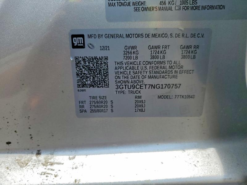 54495096 :رقم المزاد ، 3GTU9CET7NG170757 vin ، 2022 Gmc Sierra Limited مزاد بيع