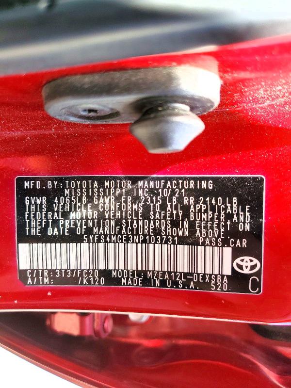 Aukcja sprzedaży 2022 Toyota Corolla, vin: 5YFS4MCE3NP103731, numer aukcji: 52100436