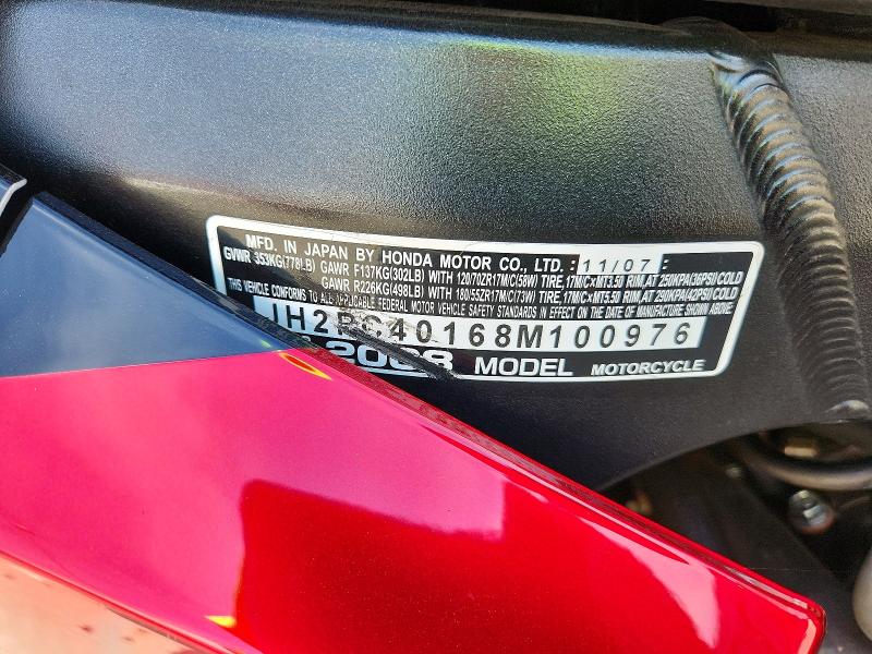 Aukcja sprzedaży 2008 Honda Cbr600, vin: JH2PC40168M100976, numer aukcji: 53372976
