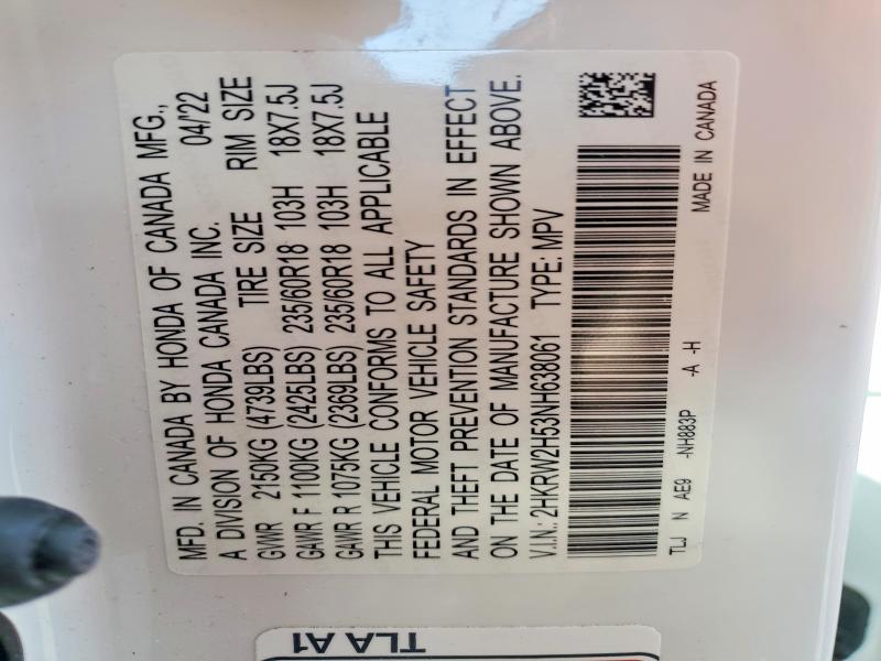 2022 Honda Cr-v მანქანა იყიდება აუქციონზე, vin: 2HKRW2H53NH638061, აუქციონის ნომერი: 53181956