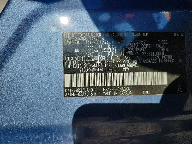 54626166 :رقم المزاد ، 2T3DK4DV4CW066995 vin ، 2012 Toyota Rav4 مزاد بيع