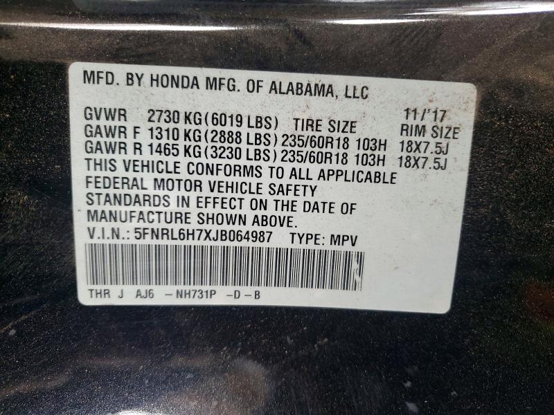 53439176 :رقم المزاد ، 5FNRL6H7XJB064987 vin ، 2018 Honda Odyssey مزاد بيع