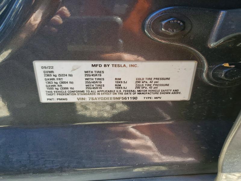 2022 Tesla Model Y მანქანა იყიდება აუქციონზე, vin: 7SAYGDEE9NF561190, აუქციონის ნომერი: 52887206