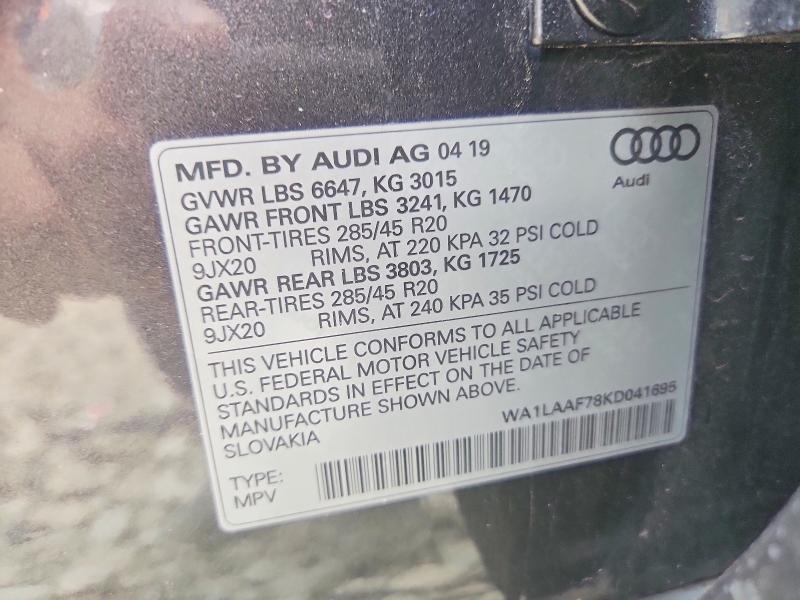 52103786 :رقم المزاد ، WA1LAAF78KD041695 vin ، 2019 Audi Q7 مزاد بيع