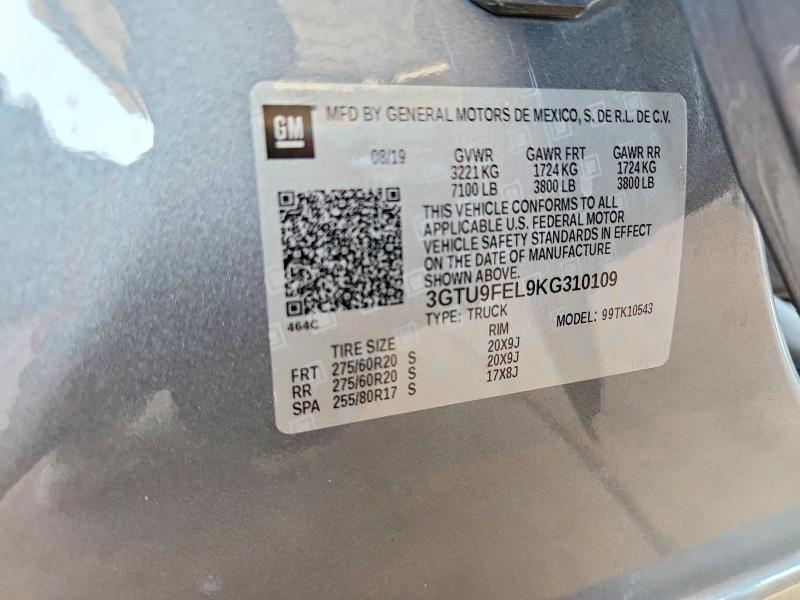 2019 Gmc Sierra მანქანა იყიდება აუქციონზე, vin: 3GTU9FEL9KG310109, აუქციონის ნომერი: 54472866