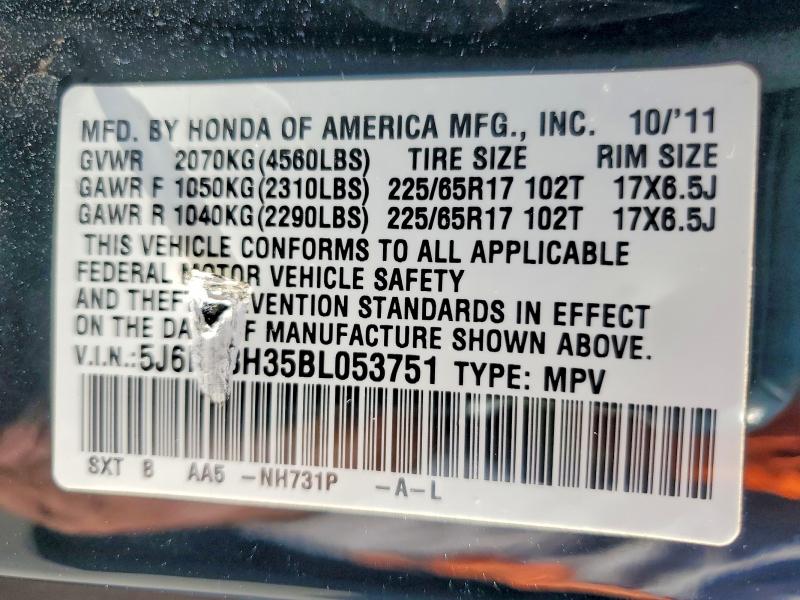 Auction sale of the 2011 Honda Cr-v, vin: 5J6RE3H35BL053751, lot number: 53724616