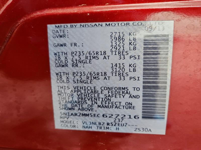 Aukcja sprzedaży 2014 Nissan Pathfinder, vin: 5N1AR2MM5EC627216, numer aukcji: 54511156