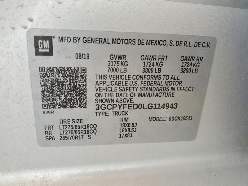 2020 Chevrolet Silverado მანქანა იყიდება აუქციონზე, vin: 3GCPYFED0LG114943, აუქციონის ნომერი: 54116736