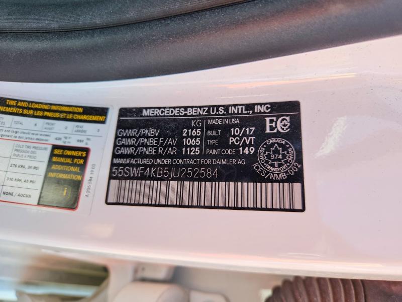 Aukcja sprzedaży 2018 Mercedes-benz C, vin: 55SWF4KB5JU252584, numer aukcji: 53964446