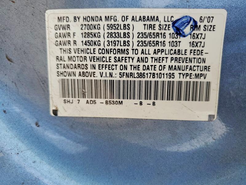 Aukcja sprzedaży 2007 Honda Odyssey, vin: 5FNRL38617B101195, numer aukcji: 54313786