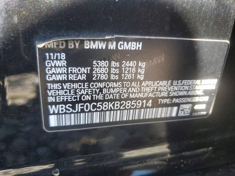 2019 Bmw M5 მანქანა იყიდება აუქციონზე, vin: WBSJF0C58KB285914, აუქციონის ნომერი: 52301466