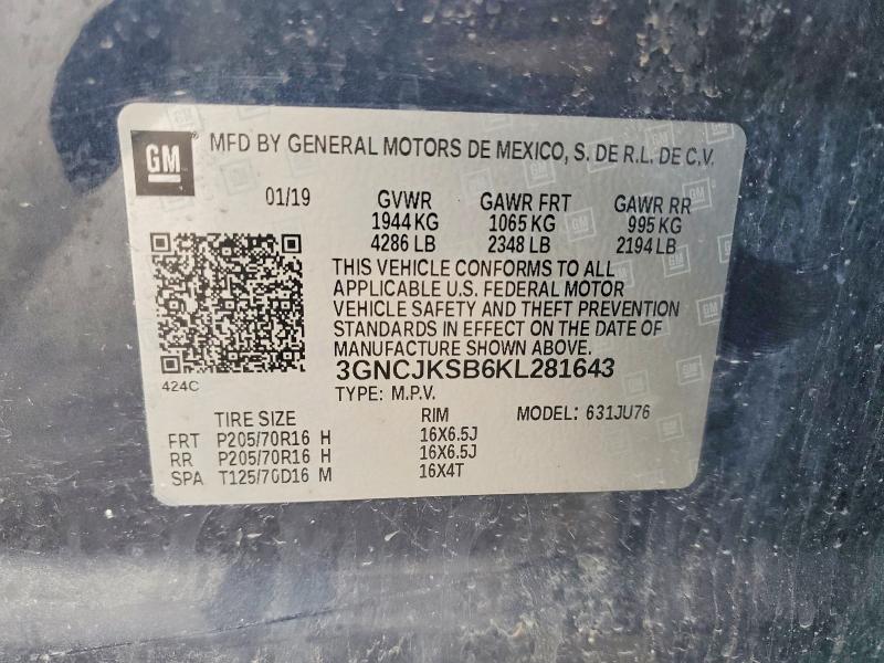 Aukcja sprzedaży 2019 Chevrolet Trax, vin: 3GNCJKSB6KL281643, numer aukcji: 54783146
