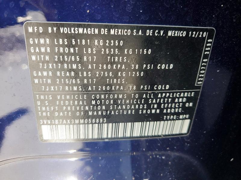 Продажа на аукционе авто 2021 Volkswagen Tiguan, vin: 3VV1B7AX3MM056893, номер лота: 54836106